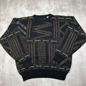 Vintage 80s Gitano Sweater Mens Large Geometric Grandpa Pullover Black Green